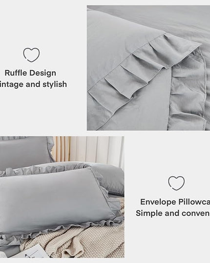 Andency Silver Gray Comforter Set California King Size, 3 Pieces Vintage Shabby Ruffle Bedding Comforter Sets for Cal King Bed, Lightweight Fluffy Soft Microfiber Farmhouse Comforter Set - LeafyLoom