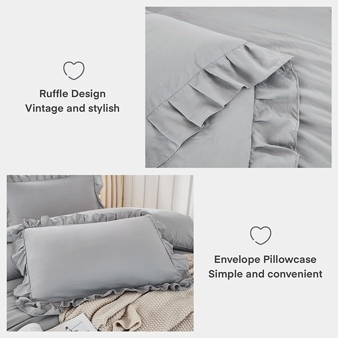 Andency Silver Gray Twin Size Comforter, 2 Pieces Farmhouse Classic Chic Ruffle Comforter for Kids, Lighteweight Soft Microfiber Bedding Set for Girls(1 Ruffle Comforter and 1 Pillowcase) - LeafyLoom