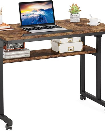Small Portable Rolling Computer Desk Height Adjustable Standing Table, Brown - LeafyLoom
