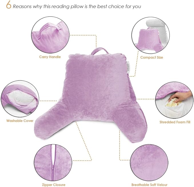 Nestl Reading Pillow with Portable Laptop Lap Desk, Velvet Feel Back Pillow for Sitting in Bed, Shredded Memory Foam Back Support Pillow for Bed, Bed Rest Pillow with Arms, Small - Lavender - LeafyLoom
