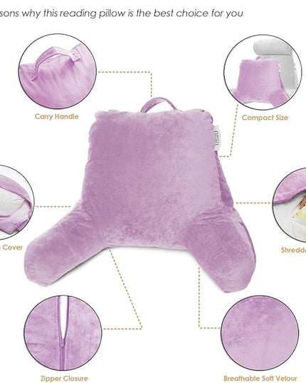 Nestl Reading Pillow with Portable Laptop Lap Desk, Velvet Feel Back Pillow for Sitting in Bed, Shredded Memory Foam Back Support Pillow for Bed, Bed Rest Pillow with Arms, Standard - Lavender - LeafyLoom