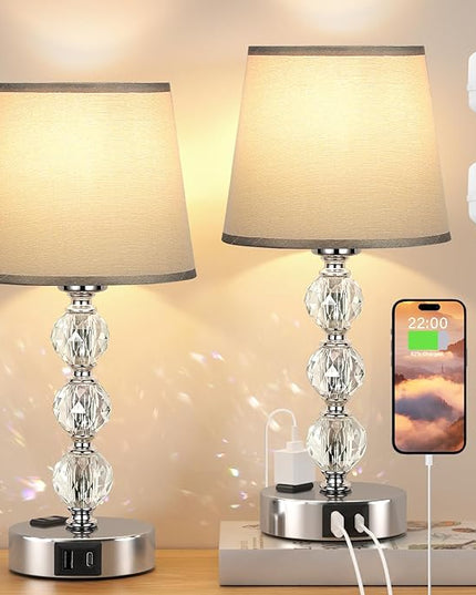 Acaxin Lamps for Bedrooms Set of 2 Nightstand- Crystal Table Lamps with USB C+A Ports & AC Outlet for Charging, 3 Way Dimmable Touch Silver Small Bed Side Table Lamp for Living Room/Guest Room - LeafyLoom