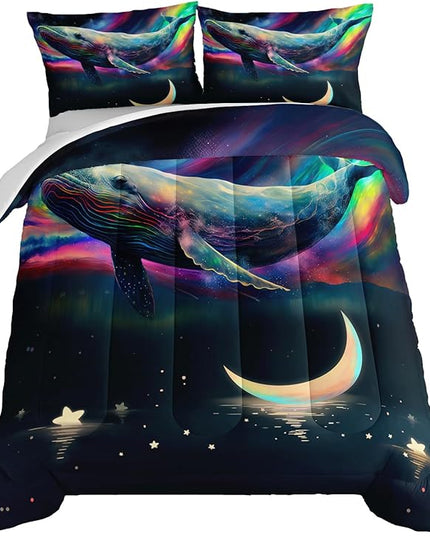 HOSIMA 3D Whale Galaxy Bedding Comforter Sets,Stars Moon Comforter Starry Room Decor Aesthetics,Ocean Theme Marine Life Whale Comforter with 2 Pillowcases Full Size Bed in a Bag Set for Adults Kids. - LeafyLoom