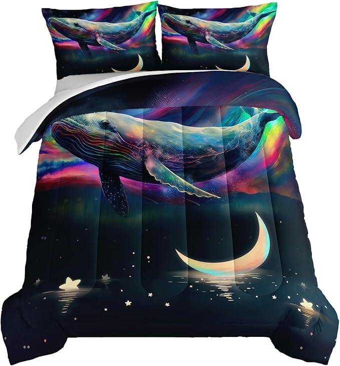 HOSIMA 3D Whale Galaxy Bedding Comforter Sets,Stars Moon Queen Comforter Set Starry Room Decor Aesthetics for Adults Kids,Ocean Theme Marine Life Whale Comforter with 2 Pillowcases. - LeafyLoom