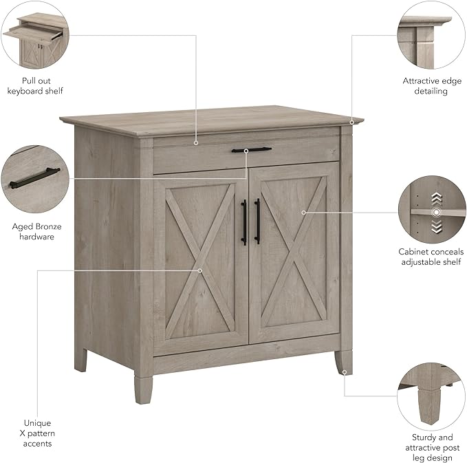 Bush Business Furniture Key West Secretary Desk with Keyboard Tray and Storage Cabinet, 30W x 20D, Washed Gray - LeafyLoom