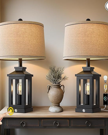 23.75" Retro Farmhouse Black Table Lamp for Living Room Bedroom Nightstand Set of 2 Touch Control Bedside Nightlight Vintage Modern Lamp with USB C+A Ports and 2 Light Sources - LeafyLoom
