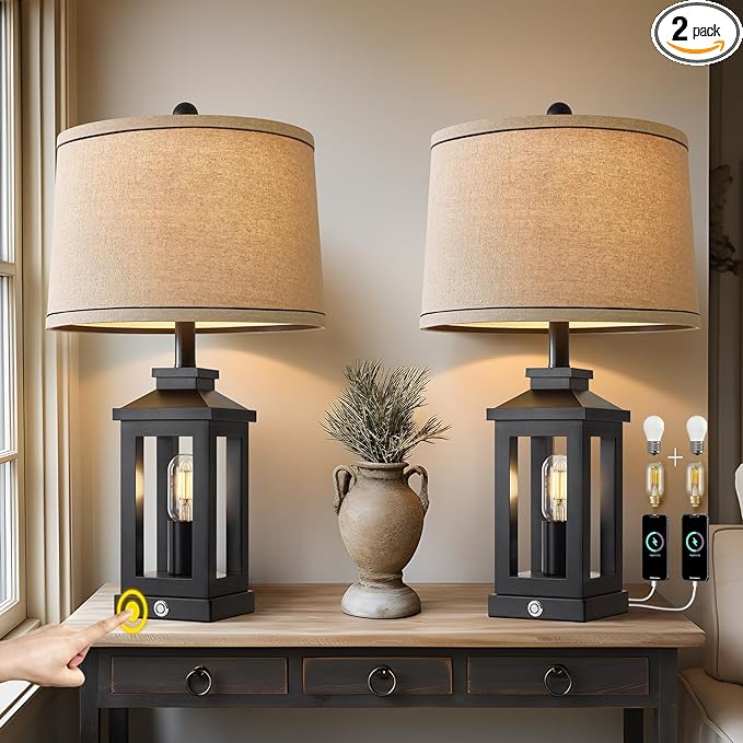 23.75" Retro Farmhouse Black Table Lamp for Living Room Bedroom Nightstand Set of 2 Touch Control Bedside Nightlight Vintage Modern Lamp with USB C+A Ports and 2 Light Sources - LeafyLoom