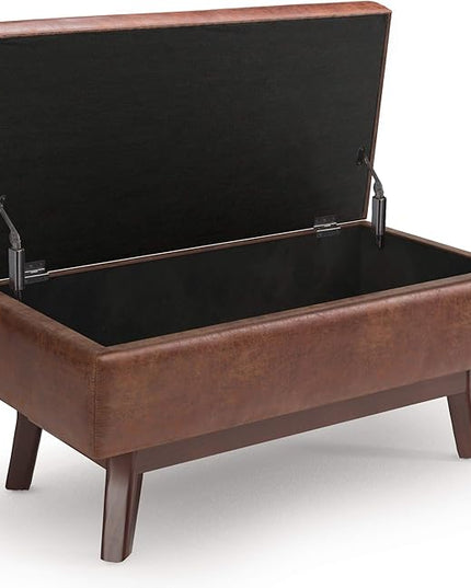 SIMPLIHOME Owen 36 Inch Wide Mid Century Modern Rectangular Coffee Table Lift Top Storage Ottoman in Upholstered Distressed Saddle Brown Faux Leather, For the Living Room - LeafyLoom