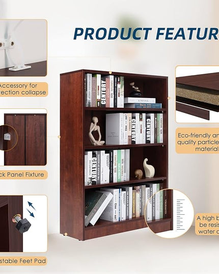 Farini Cherry Bookshelf for Bedroom 4 Shelf Office Bookcase 48 Inches Tall Modern Wood Bookshelf for Living Room 4 Tier Wide Manga Bookshelf Library Bookcase - LeafyLoom