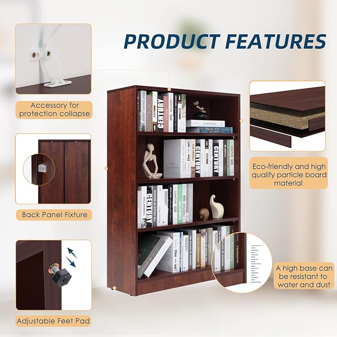 Farini Cherry Bookshelf for Bedroom 4 Shelf Office Bookcase 48 Inches Tall Modern Wood Bookshelf for Living Room 4 Tier Wide Manga Bookshelf Library Bookcase - LeafyLoom
