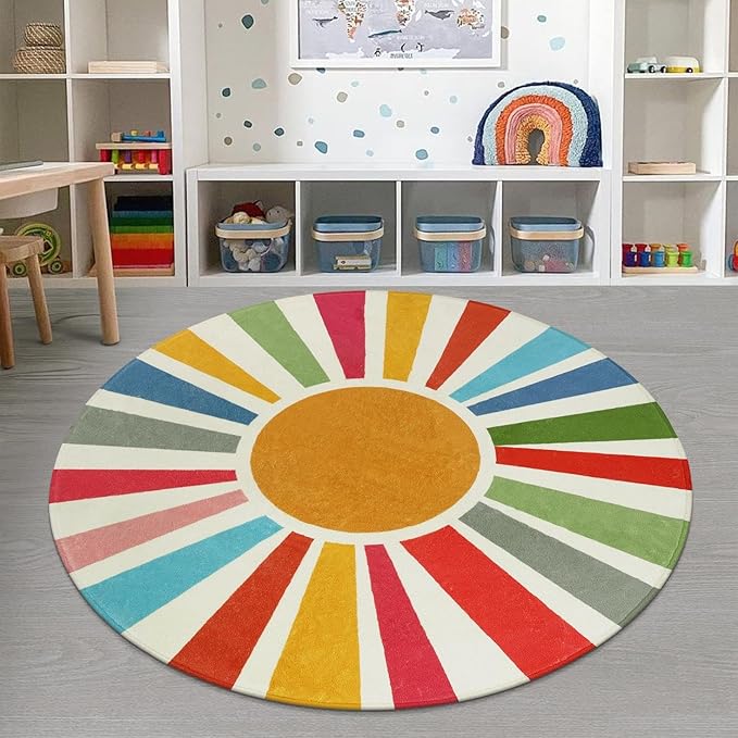 Round Boho Rug 6 Ft Washable Round Area Rug for Playroom, Sunshine Circle Rug for Kids Room, Non-Slip Circluar Rainbow Carpet Soft Large Kids Rug for Classroom Dorm Bedroom - LeafyLoom