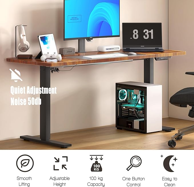 soges 63in Electric Standing Desk Ergonomic Height Adjustable Computer Desk Sit Stand Desk Home Office Desks Standing Desk, Vintage Brown - LeafyLoom