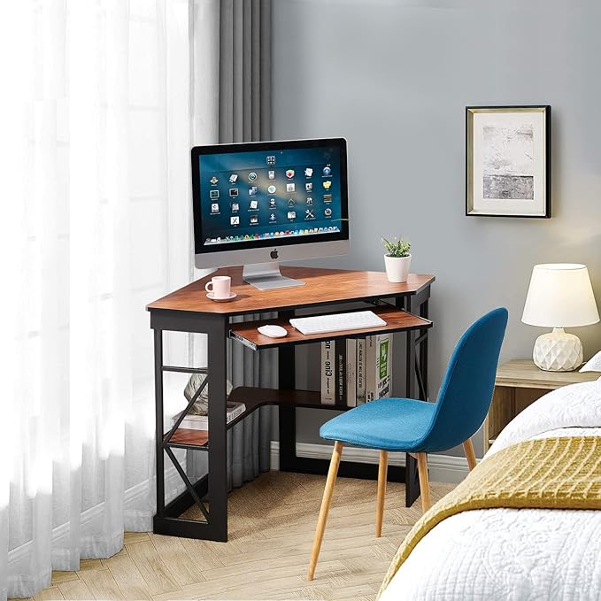 VECELO Corner Computer Desk Writing Smooth Keyboard Tray & Storage Shelves,Compact Home Office Triangle Table, Teak - LeafyLoom