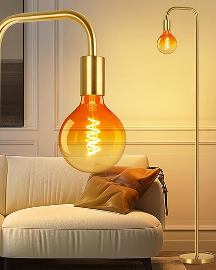 QiMH Floor Lamp for Living Room, Minimalist Industrial Standing Lamp with Clear Globe Glass LED Bulb, 2200K Warm Ambiant Lighting Decorative Modern Tall Lamp for Bedroom Office, Brushed Gold - LeafyLoom
