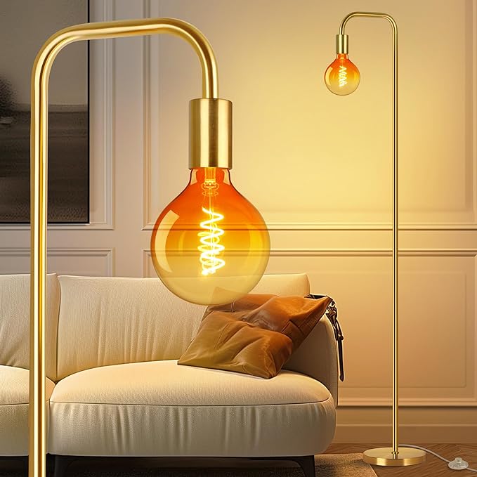 QiMH Floor Lamp for Living Room, Minimalist Industrial Standing Lamp with Clear Globe Glass LED Bulb, 2200K Warm Ambiant Lighting Decorative Modern Tall Lamp for Bedroom Office, Brushed Gold - LeafyLoom