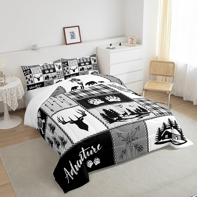 Deer Bear Comforter Set King Size,Pine Trees Christmas Bedding Set for Kids Boys Girls Adults Room Decor,Camping Adventure Rustic Farmhouse Down Comforter,Black Retro Duvet Insert,2 Pillowcases - LeafyLoom