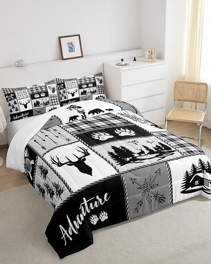 Deer Bear Comforter Set Queen Size,Pine Trees Christmas Bedding Set for Kids Boys Girls Adults Room Decor,Camping Adventure Rustic Farmhouse Down Comforter,Black Retro Duvet Insert,2 Pillowcases - LeafyLoom