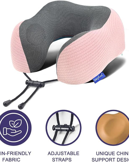 napfun Neck Pillow for Traveling, Upgraded Travel Neck Pillow for Airplane 100% Pure Memory Foam Travel Pillow for Flight Headrest Sleep, Portable Plane Accessories, Pink - LeafyLoom