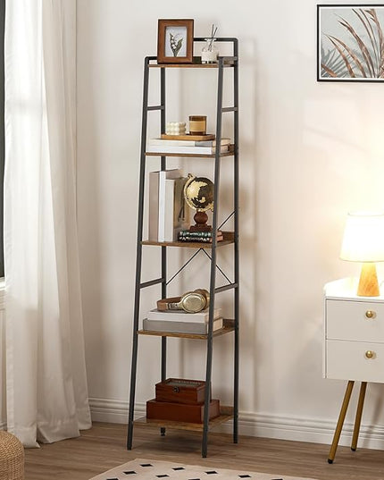 HOOBRO Bookcase, 5-Tier Narrow Bookshelf, Industrial Ladder Shelf, Skinny Bookshelf for Small Spaces, Corner Storage Shelf for Home Office, Living Room, Rustic Brown and Black BF35SJ01 - LeafyLoom