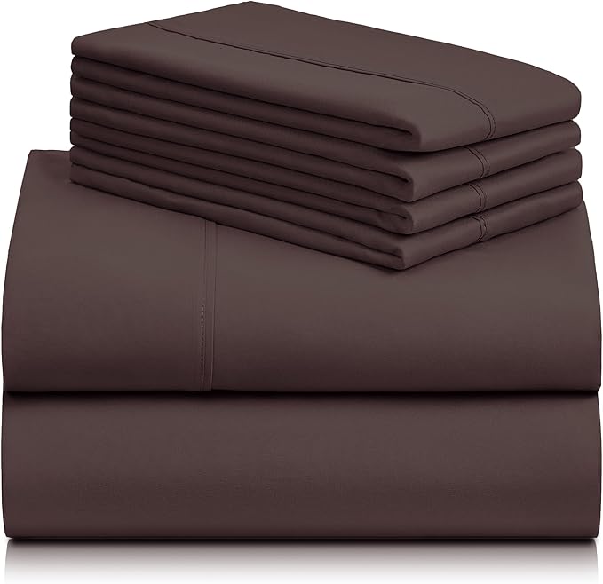LuxClub 6 PC California King Sheet Set, Breathable Luxury Bed Sheets, Deep Pockets 18" Wrinkle Free Cooling Sheets Machine Washable Hotel Bedding Silky Soft - Brown Cal King - LeafyLoom