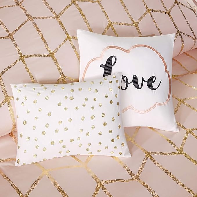 Intelligent Design Raina Twin / Twin XL Comforter Set, Soft Microfiber Comforter Set Twin, Modern Geometric Metallic Bed Set, 4 Pieces College Bedding Comforter Set with 1 Sham, 2 Toss Pillows Blush - LeafyLoom