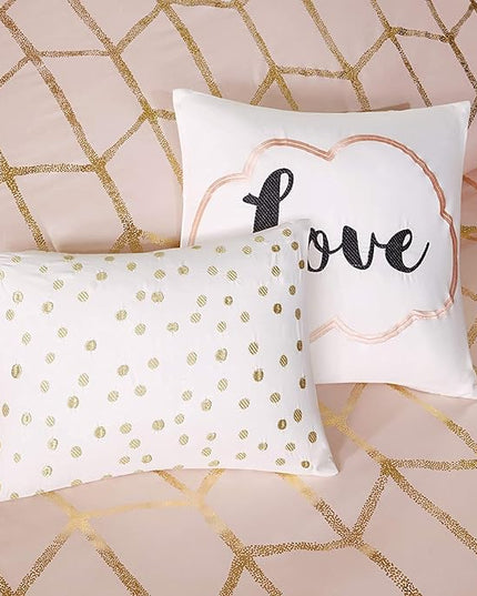 Intelligent Design Raina Comforter Microfiber Metallic Print Geometric Design Embroidered Toss Pillow Modern Trendy Casual All Season Bedding Set Matching Sham, Full/Queen, Blush/Gold 5 Piece - LeafyLoom
