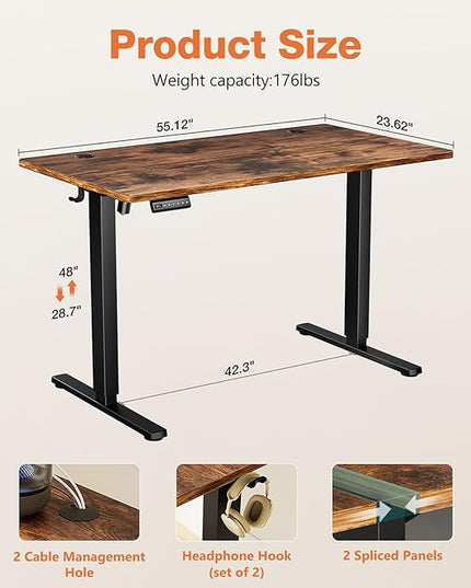 Sweetcrispy Electric Adjustable Height Standing Desk - 55 x 24 inch Sit to Stand Up Desk with Splice Board, Rising Home Office Computer Table with 2 Hook and Wire Hole for Work - LeafyLoom