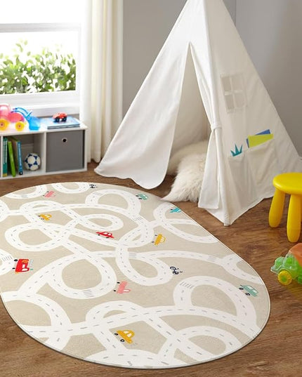Large Kids Rug for Playroom, 4'x6' Washable Road Rug for Nursery, Non-Slip Car Rug for Boys Room, Tan Traffic Classroom Rug Soft Baby Play Mat for Dorm Toy Room Tent - LeafyLoom