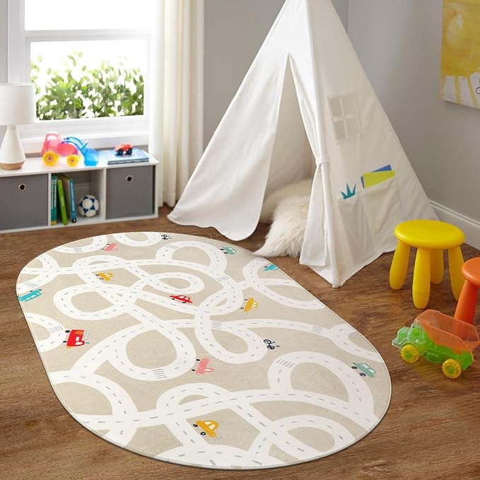 Large Kids Rug for Playroom, 4'x6' Washable Road Rug for Nursery, Non-Slip Car Rug for Boys Room, Tan Traffic Classroom Rug Soft Baby Play Mat for Dorm Toy Room Tent - LeafyLoom