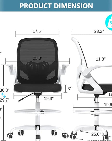 Drafting Chair Tall Office Chair for Standing Desk Adjustable Tall Desk Chair with Footrest Ring and Lumbar Support Ergonomic Computer Chair with Flip-up Armrests (White) - LeafyLoom