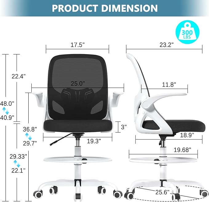 Drafting Chair Tall Office Chair for Standing Desk Adjustable Tall Desk Chair with Footrest Ring and Lumbar Support Ergonomic Computer Chair with Flip-up Armrests (White) - LeafyLoom