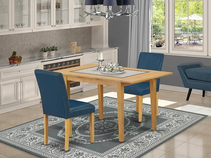 East West Furniture NOAB3-OAK-55 3 Piece Kitchen Table & Chairs Set Contains a Rectangle Dining Table with Butterfly Leaf and 2 Oasis Blue Faux Leather Parson Chairs, 32x54 Inch, Oak - LeafyLoom