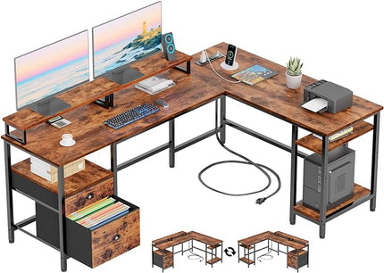 Furologee 66” L Shaped Desk with Power Outlet, Reversible Computer Desk with File Drawer & 2 Monitor Stands, Home Office Desk with Storage Shelves, Corner Desk for Gaming Writing, Rustic Brown - LeafyLoom