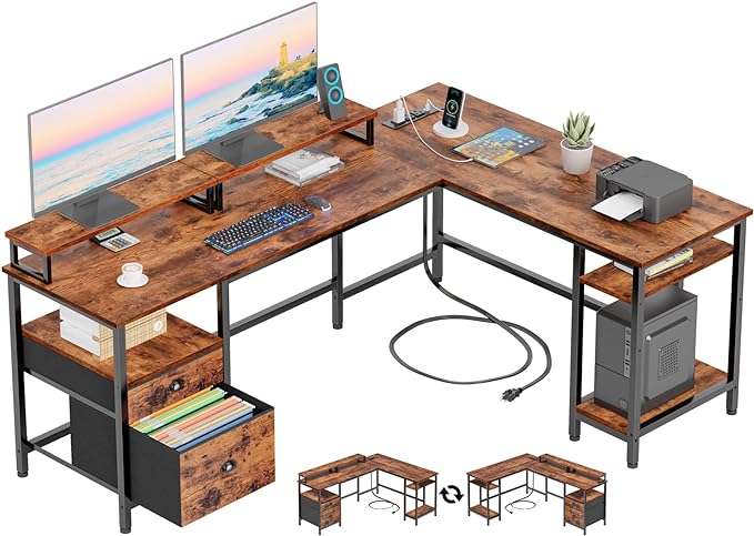 Furologee 66” L Shaped Desk with Power Outlet, Reversible Computer Desk with File Drawer & 2 Monitor Stands, Home Office Desk with Storage Shelves, Corner Desk for Gaming Writing, Rustic Brown - LeafyLoom