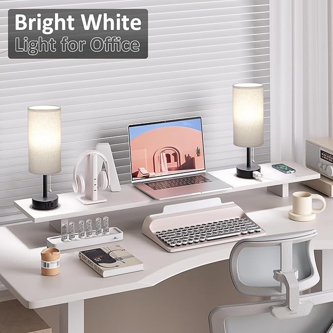 Bedside Table Lamps Set of 2 - 3 Color Temperatures Pull Chain Lamp with AC Outlet Charging Port, Two Round Night Stand Lamps for Bedroom Guest Room Office, Small Bed Side Light with E26 LED Bulbs - LeafyLoom