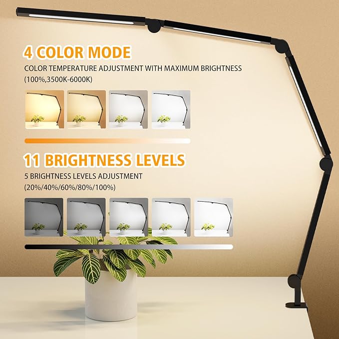 LED Desk Lamp with Clip, Multi-Angle Flexible 4-Segment 3-Light Source Office Desk Lamp, Clip-on Eye-Care 4 Color Temperature Modes&5 Brightness, Table Lamp for Home Office Studio Study Nail - LeafyLoom