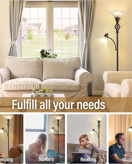 Torchiere Floor Lamp for Living Room, LED Standing Reading Light for Bedroom with Glass Shade for Living Room Corner Bedroom Home Office,Bulbs Included - LeafyLoom
