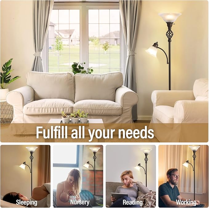 Torchiere Floor Lamp for Living Room, LED Standing Reading Light for Bedroom with Glass Shade for Living Room Corner Bedroom Home Office,Bulbs Included - LeafyLoom