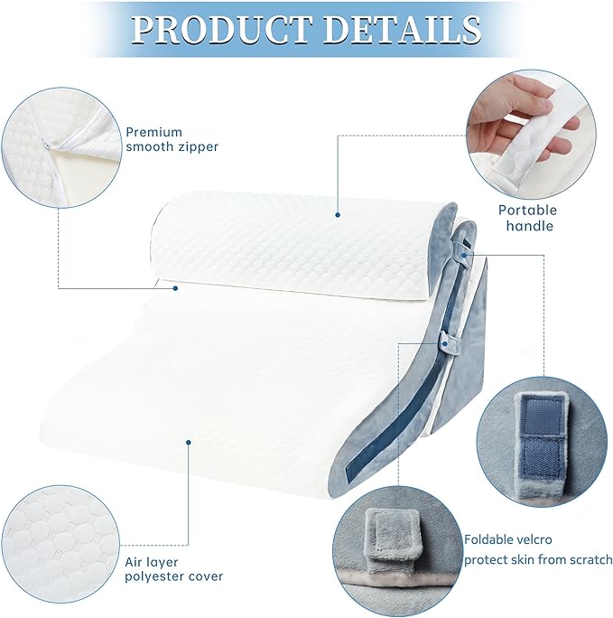 Bed Wedge Pillow for Sleeping 3PCS, 20-in-1 Adjustable Memory Foam Wedge Pillow for Acid Reflux, 3-in-1 Incline Wedge Pillow for After Surgery, Snoring, Back Pain(Grey) - LeafyLoom