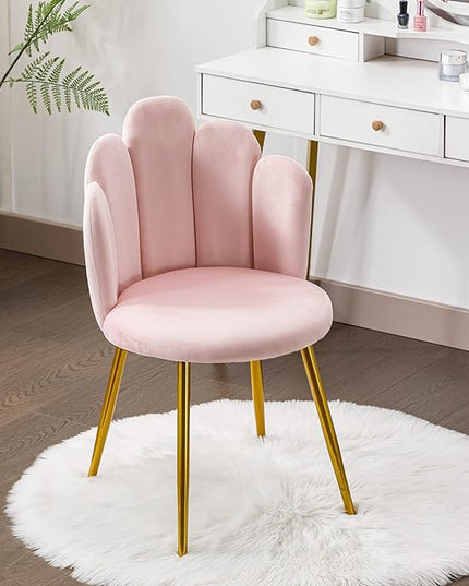 Vanity Chair for Makeup Room - Midcentury Modern Accent Velvet Chair with Back Support, Gold Legs for Living Room Bedroom, (Pink) - LeafyLoom