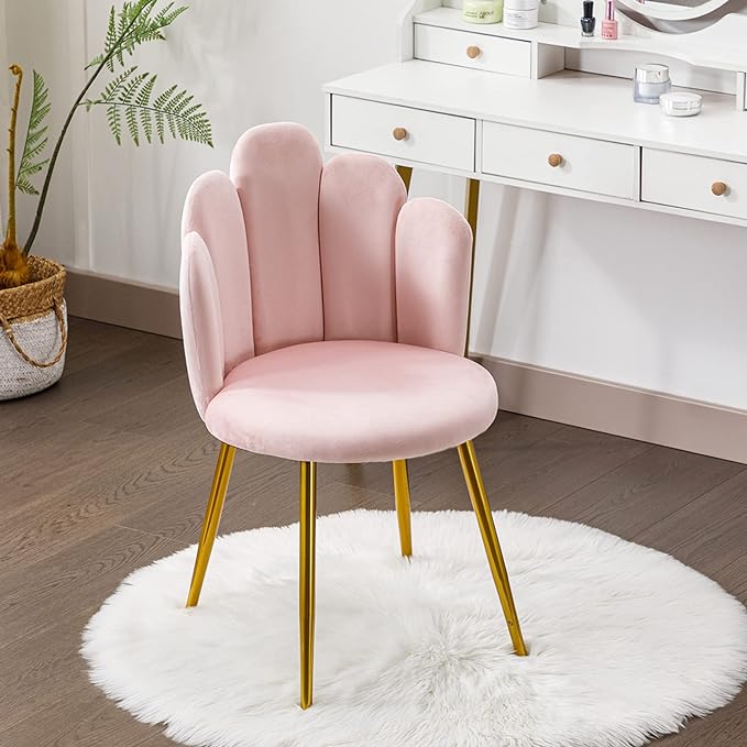 Vanity Chair for Makeup Room - Midcentury Modern Accent Velvet Chair with Back Support, Gold Legs for Living Room Bedroom, (Pink) - LeafyLoom