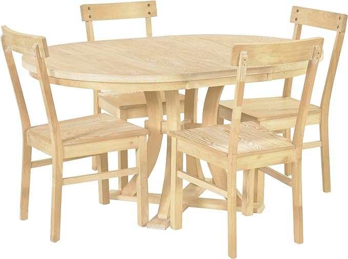 Rustic Round Pedestal 15.7" Removable Leaf, Extending w/Simple Chirs, for Small Place, Kitchen, 5 Piece Dining Table Set, Natural 17 - LeafyLoom