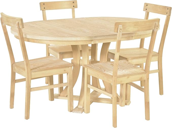 Merax 5-Piece, Natural Rustic Set with Round Pedestal Extendable Table and 15.7" Removable Leaf, Simple Dining Chirs for Small Places - LeafyLoom