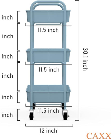 CAXXA 3-Tier Rolling Metal Storage Organizer - Mobile Utility Cart with Caster Wheels, Blue - LeafyLoom