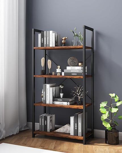 VERMESS 4-Tier Bookshelf, 24 inch Wood Bookcase with Open Shelves, Rustic Brown Book Shelf Storage Shelving Unit, Industrial Standing Bookshelves Metal Frame Display Rack for Living Room, Bedroom - LeafyLoom