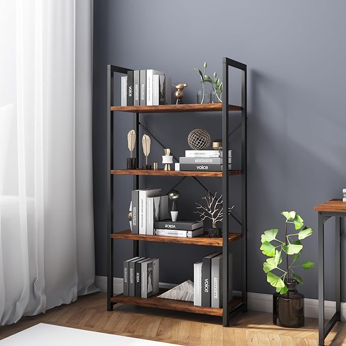 VERMESS 4-Tier Bookshelf, 24 inch Wood Bookcase with Open Shelves, Rustic Brown Book Shelf Storage Shelving Unit, Industrial Standing Bookshelves Metal Frame Display Rack for Living Room, Bedroom - LeafyLoom