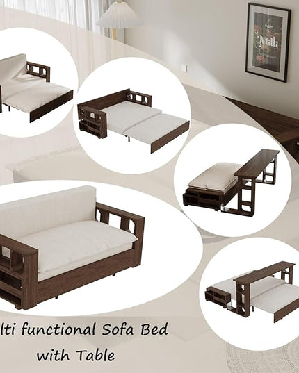 52" 3 in 1 Loveseat Futon Sofa Couch of Mordern Velvet w/Pullout, Small Love Seat Lounge Sleeper w/Convertible Office Desk for Living Room Bed, 52inch, Beige - LeafyLoom