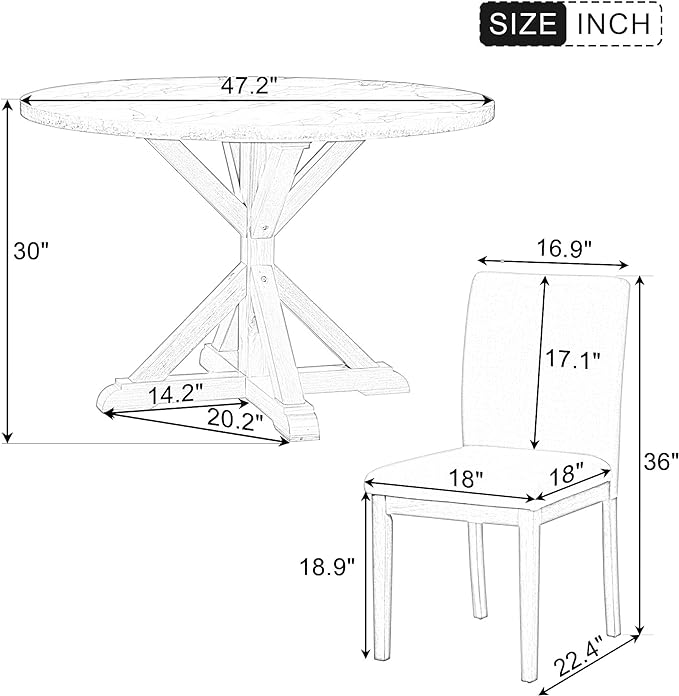 NicBex Small Dining Table Set for 4 Round Dining Table Set 5-Piece Dining Table Set, Marble Sticker and Cross Bracket Pedestal Dining Table, and 4 Upholstered Chairs, White+Walnut - LeafyLoom
