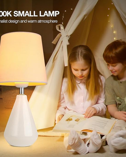 AIDENOEY Small Bedside Table Lamp for Bedroom - Desk Reading Lamps with 3 Way DimmableTouch Control,Nightstand Ceramic Lamp with Fabric Shade for Kids Room,Living Room,Dorm,Home Office (White) - LeafyLoom