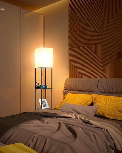 2 Packs Floor Lamp w. Shelves Including 2AC Outlets & 2USB Ports 9W LED Light Bulb 3 Color Temperature Soft/Cool/Daylight White w. 2PCS Acrylic Photo Frame for Living Room/Bedroom - LeafyLoom